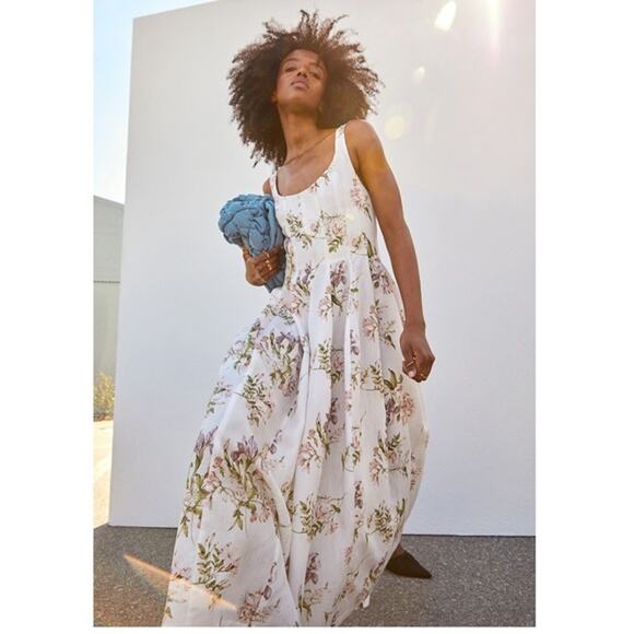 H&M Dresses & Skirts - H&M Brock Collection XS Maxi Summer Dress White Floral Linen Blend Sleeveless
